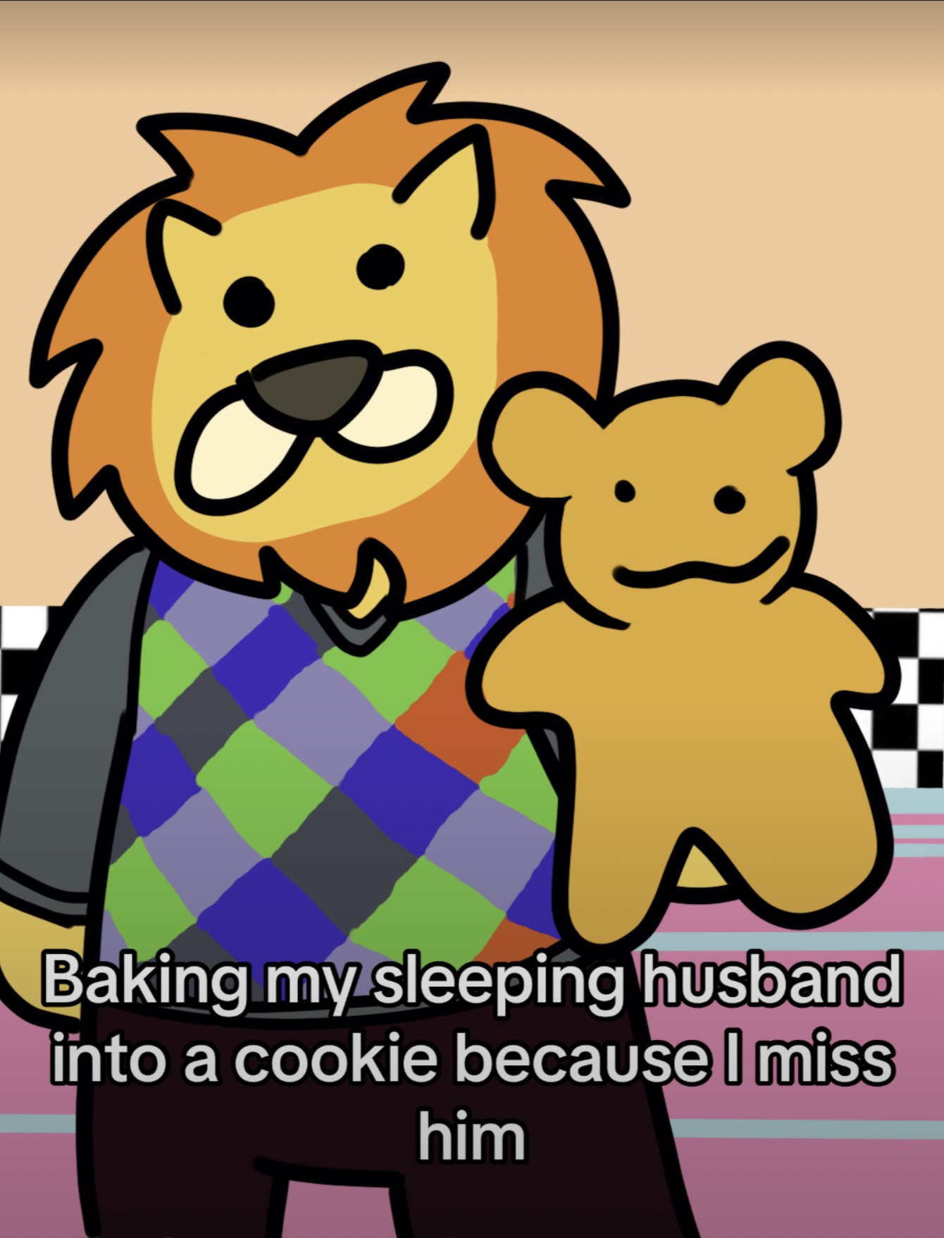digital drawing of my lion Webkin Jorge (I was 5) holding up a cookie version of my Webkin Cameron with a caption saying 'Baking my sleeping husband into a cookie because I miss him'